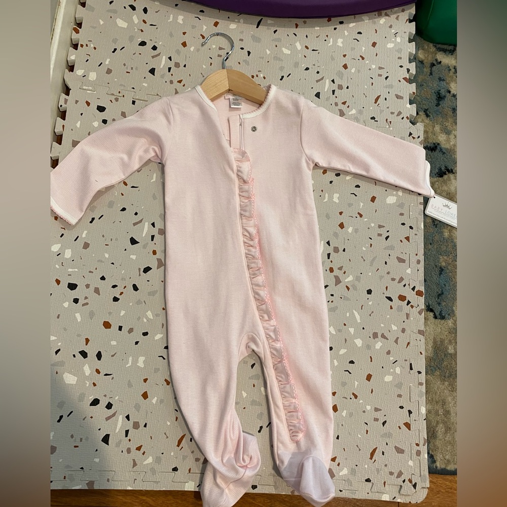 NWT Baby Loren ruffle pink white striped zip footie 9-12 months